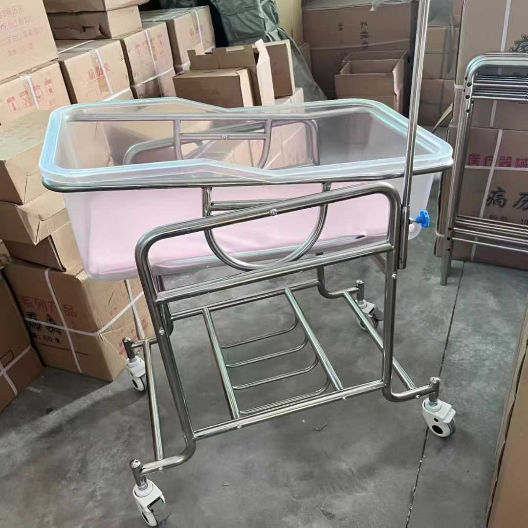 Stainless Steel Hospital Newborn Baby Crib Trolley with Transparent Bassinet & IV Pole