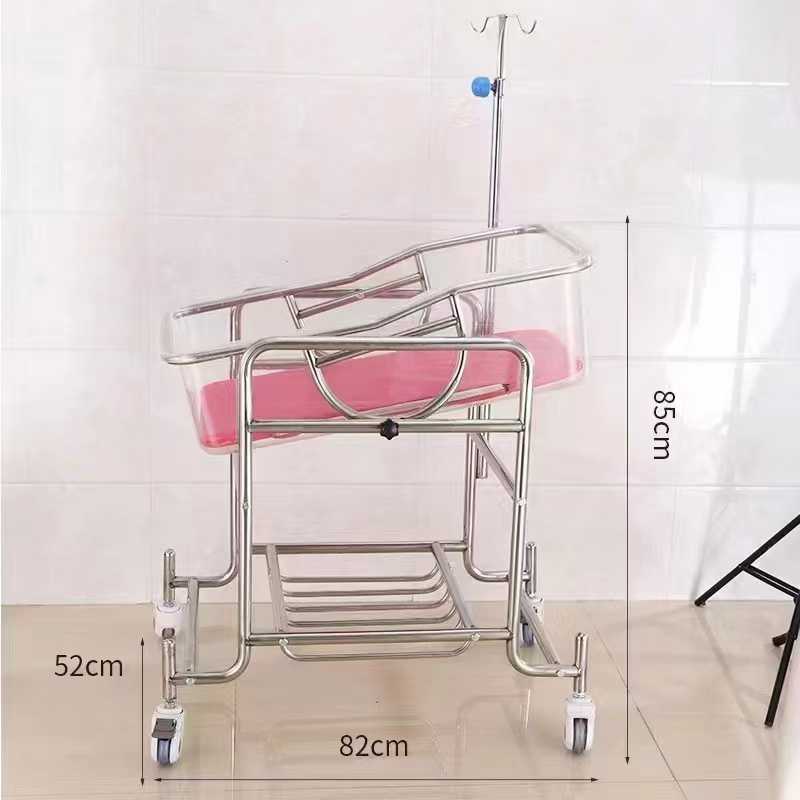 Stainless Steel Hospital Newborn Baby Crib Trolley with Transparent Bassinet & IV Pole
