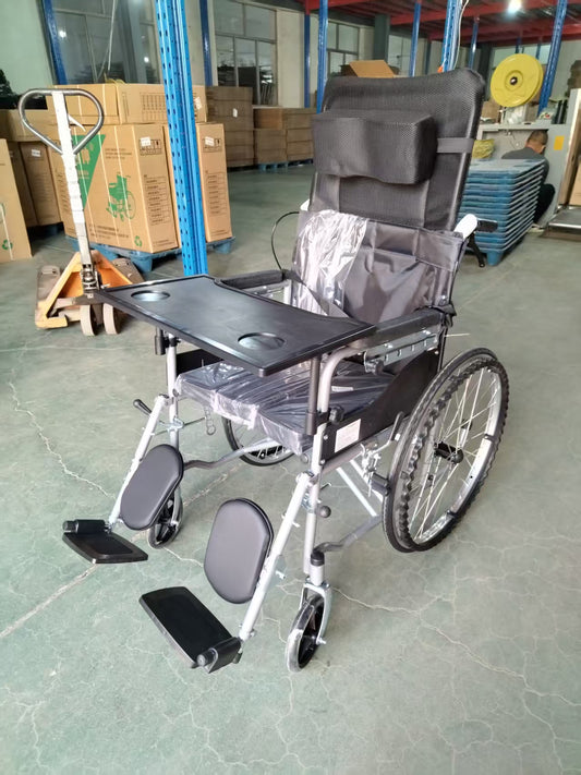 Full Reclining Wheelchair, Black Cloth Bucket Seat, Solid Tires with Table