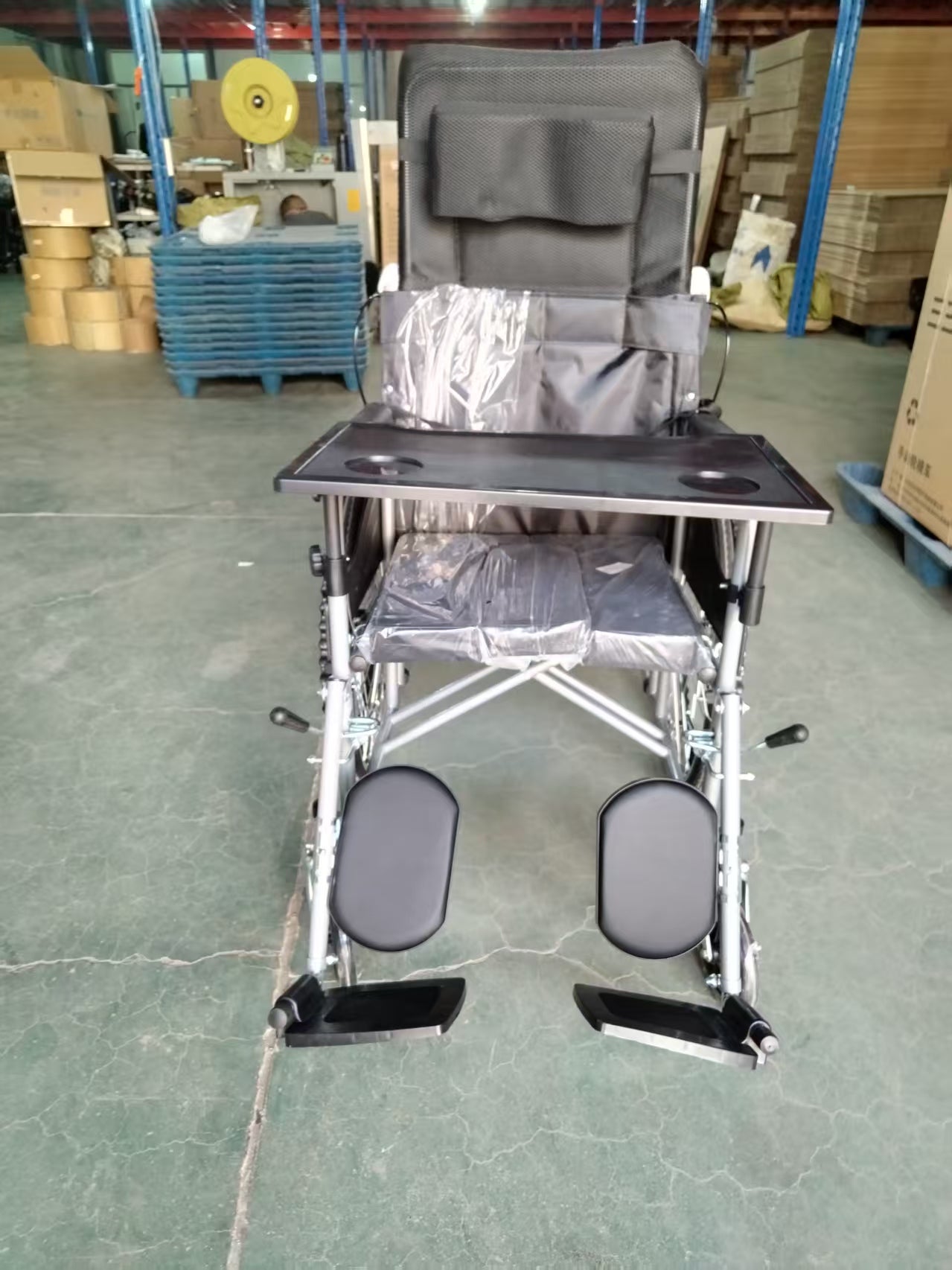 Full Reclining Wheelchair, Black Cloth Bucket Seat, Solid Tires with Table