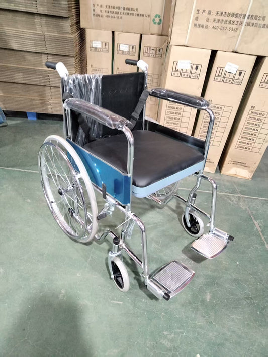Electric Wheelchair with Integral Seat Plate, Leather Commode Pan & Solid Tires