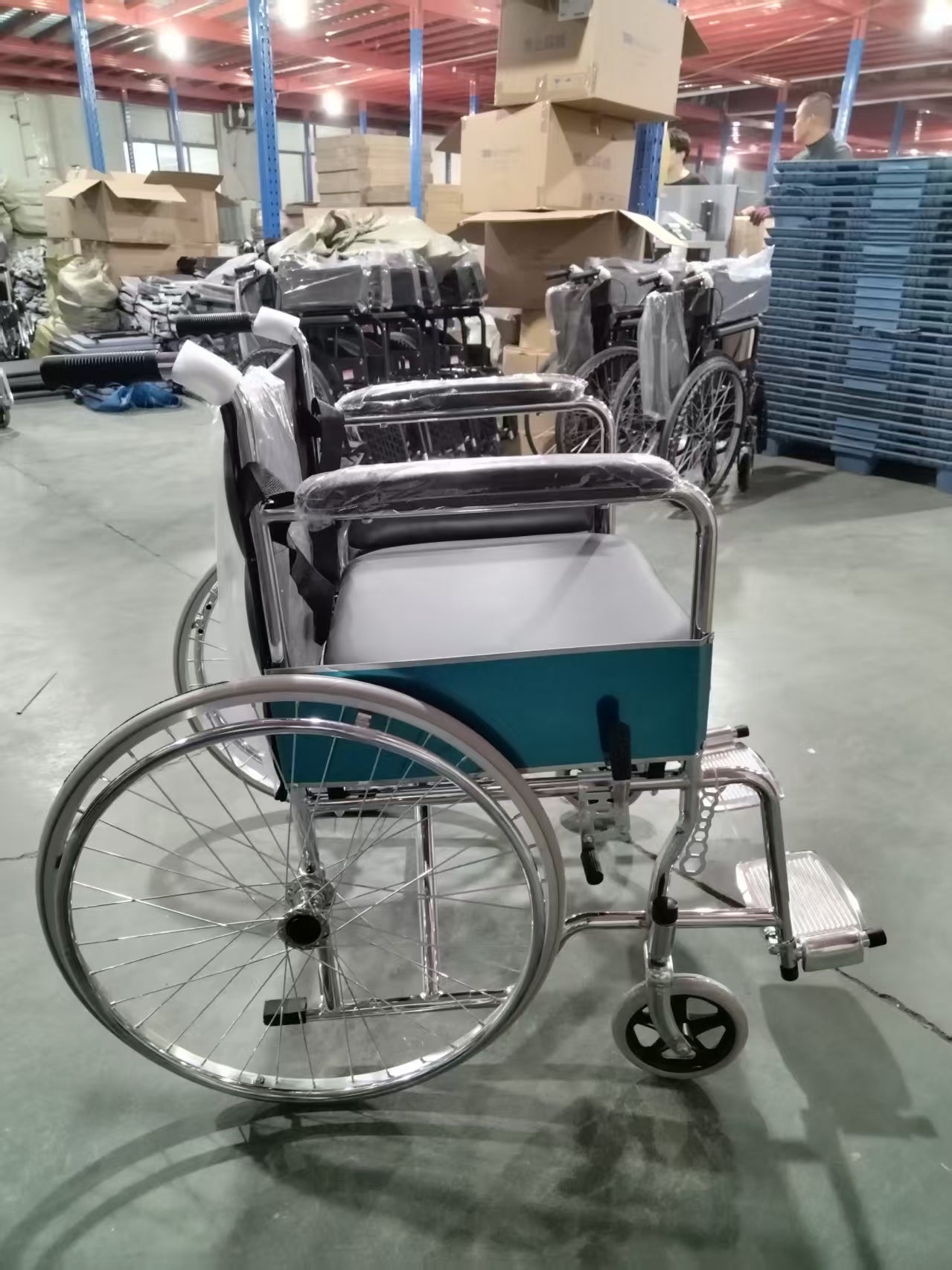 Electric Wheelchair with Integral Seat Plate, Leather Commode Pan & Solid Tires