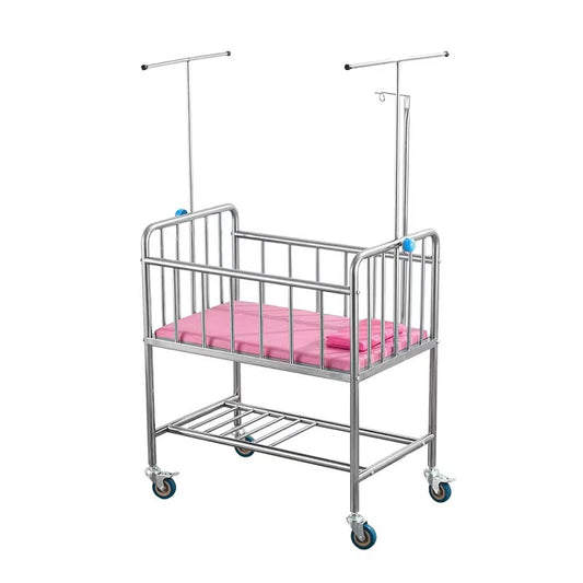 High - Quality Stainless Steel Pediatric Hospital Bed Trolley with IV Pole & Storage Shelf