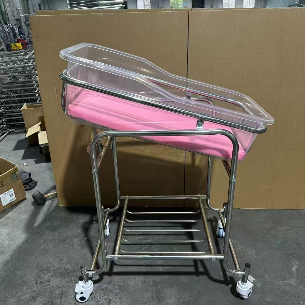 Stainless Steel Hospital Newborn Baby Crib Trolley with Transparent Bassinet & IV Pole