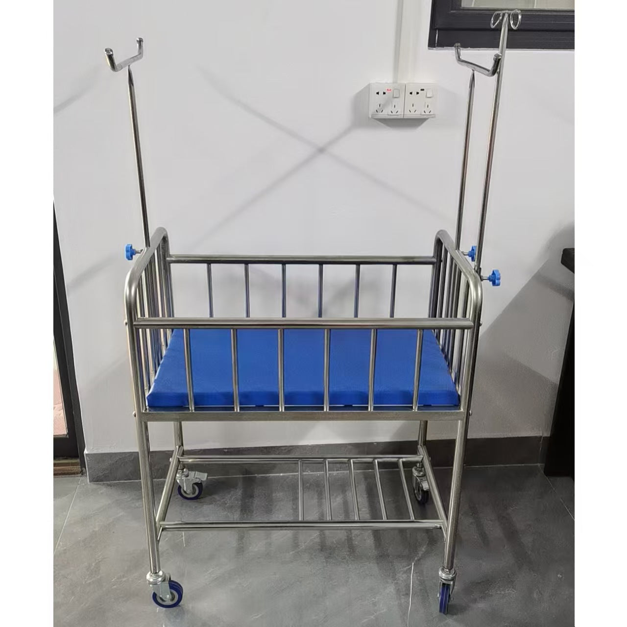 High - Quality Stainless Steel Pediatric Hospital Bed Trolley with IV Pole & Storage Shelf
