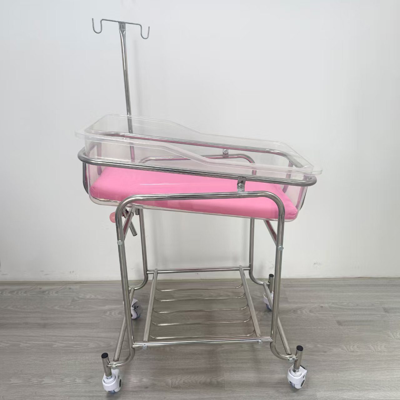 Stainless Steel Hospital Newborn Baby Crib Trolley with Transparent Bassinet & IV Pole