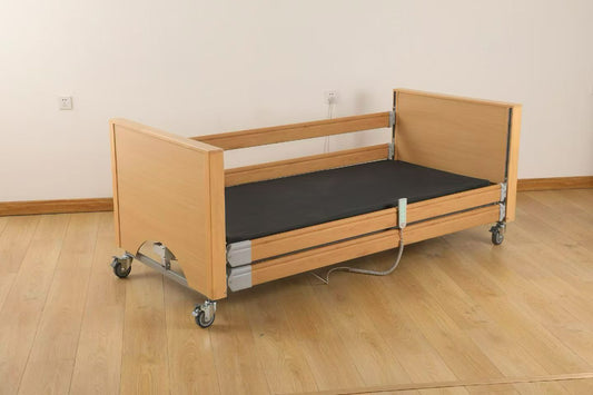 Electric Home Care Bed, Wooden Elderly Nursing Bed with Side Rails & Lockable Casters