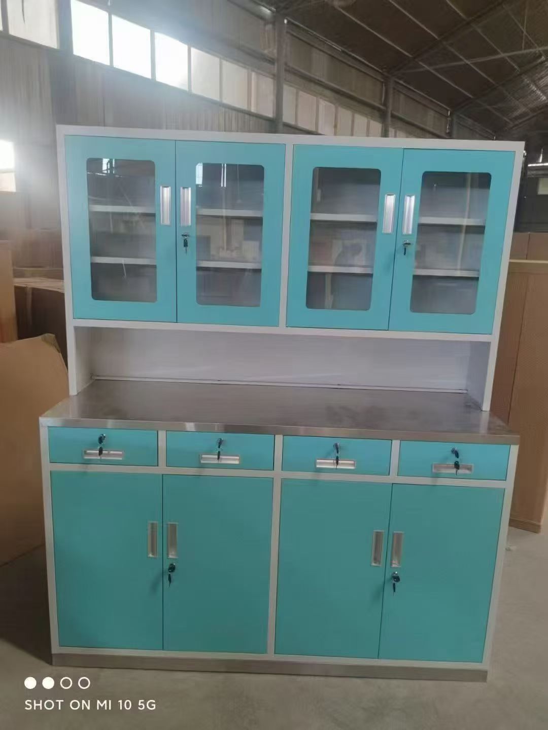 Clinic Medicine Cabinet Stainless Steel Worktop Medical Dispensing Counter Hospital Treatment Cabinet With Glass Upper Cabinet