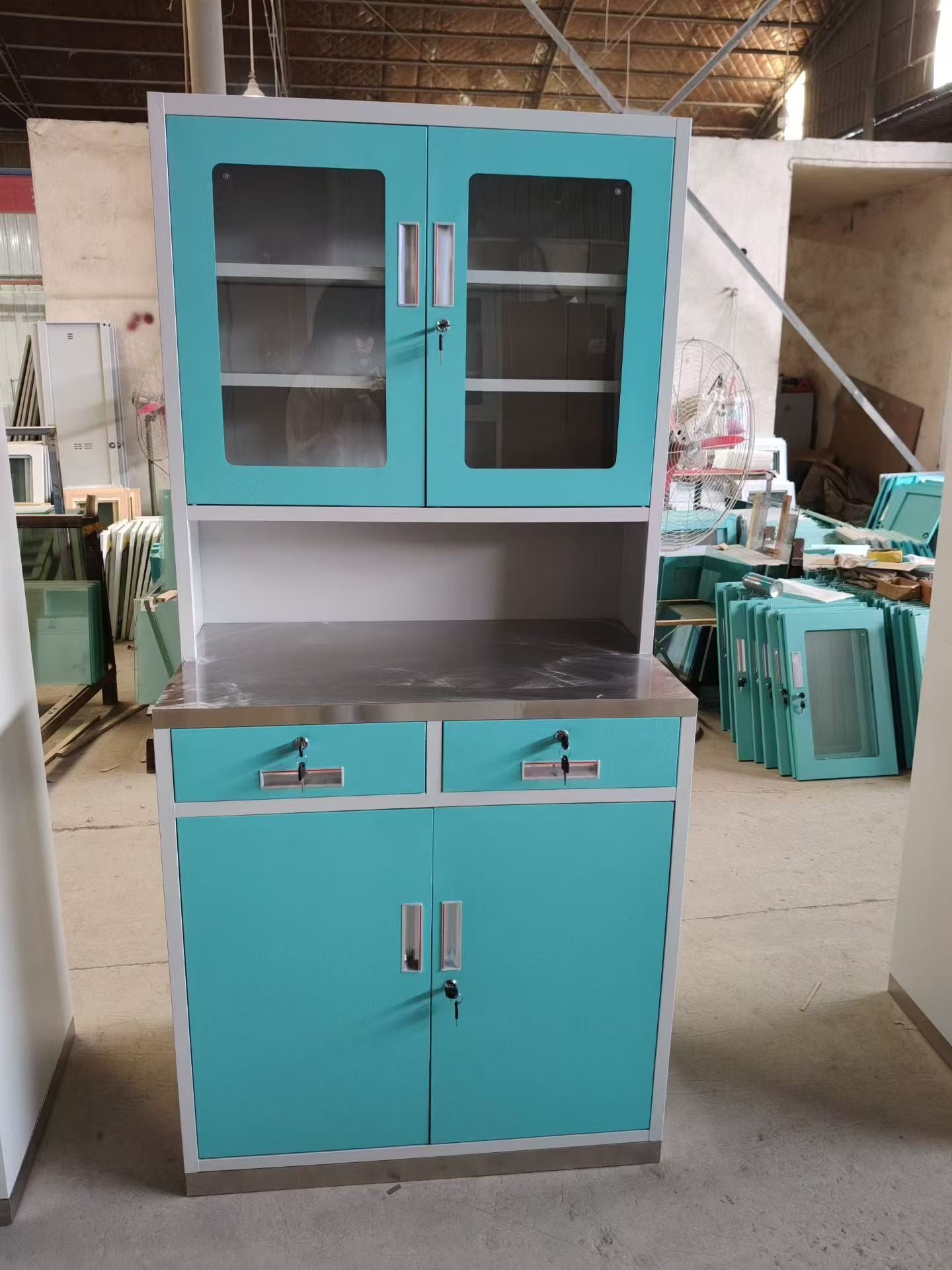 Clinic Medicine Cabinet Stainless Steel Worktop Medical Dispensing Counter Hospital Treatment Cabinet With Glass Upper Cabinet