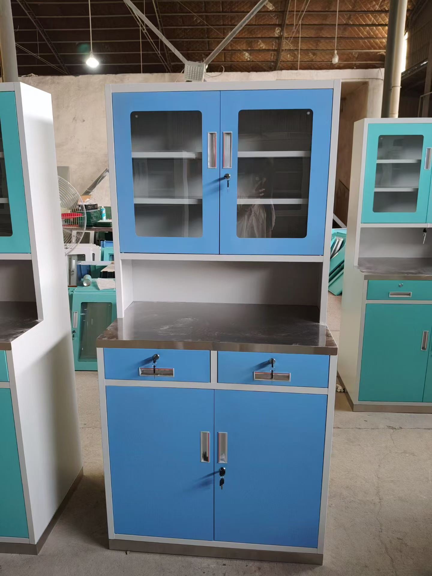 Clinic Medicine Cabinet Stainless Steel Worktop Medical Dispensing Counter Hospital Treatment Cabinet With Glass Upper Cabinet