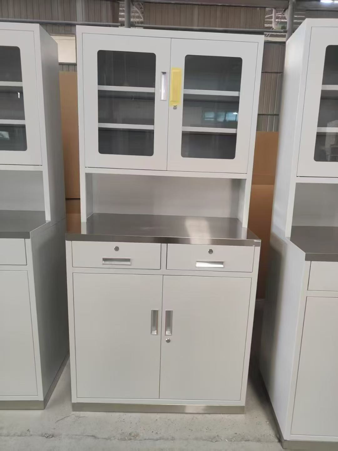 Clinic Medicine Cabinet Stainless Steel Worktop Medical Dispensing Counter Hospital Treatment Cabinet With Glass Upper Cabinet