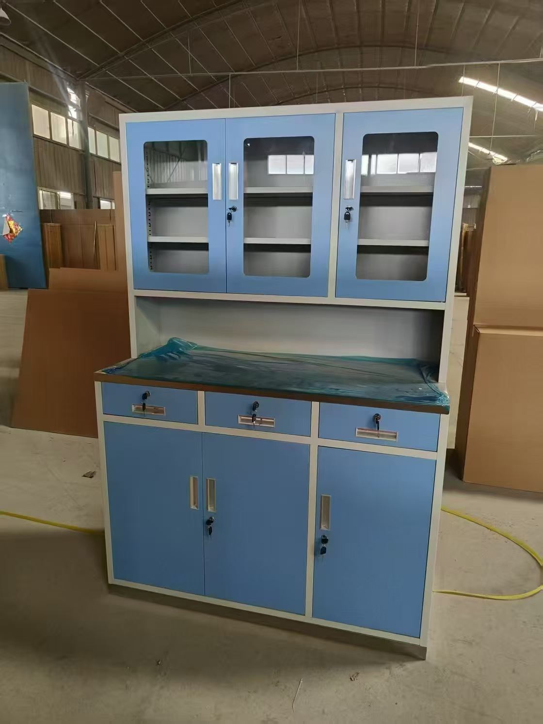 Clinic Medicine Cabinet Stainless Steel Worktop Medical Dispensing Counter Hospital Treatment Cabinet With Glass Upper Cabinet
