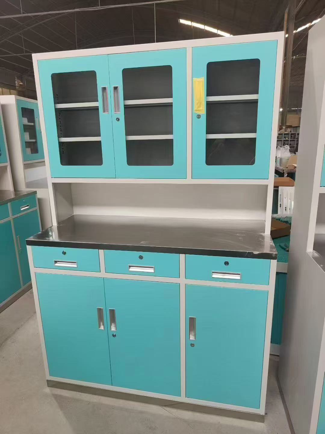 Clinic Medicine Cabinet Stainless Steel Worktop Medical Dispensing Counter Hospital Treatment Cabinet With Glass Upper Cabinet