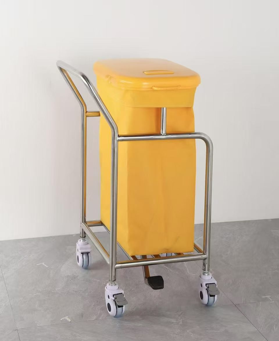 Stainless Steel Medical Waste Trolley with Yellow Pedal Bin