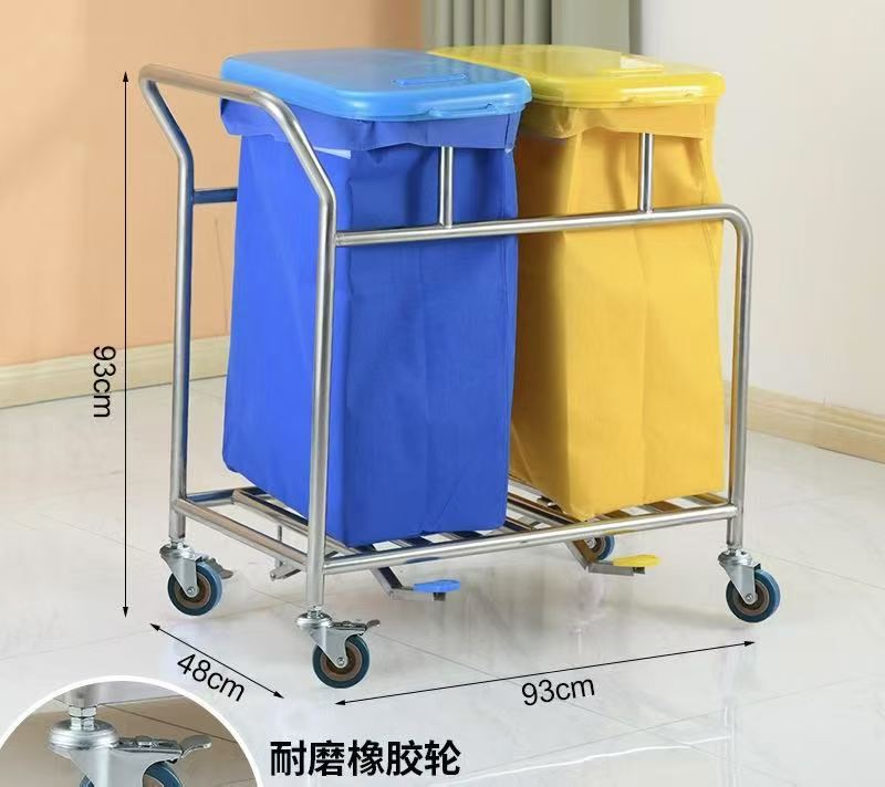 Stainless Steel Double Bag Dirty Linen Trolley Hospital Laundry Cart