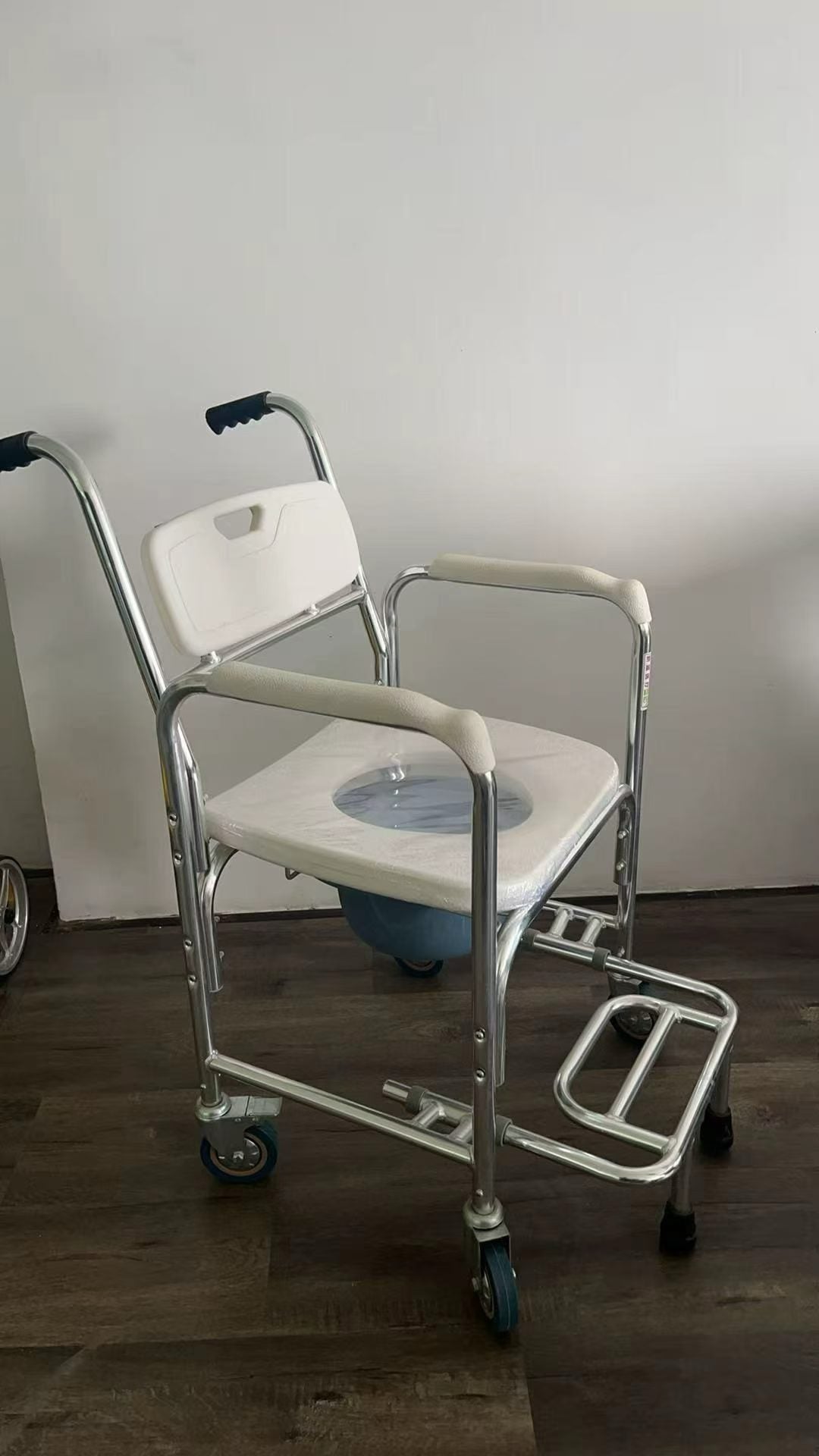 Aluminum Wheeled Commode Chair with Footrest and Backrest for Elderly