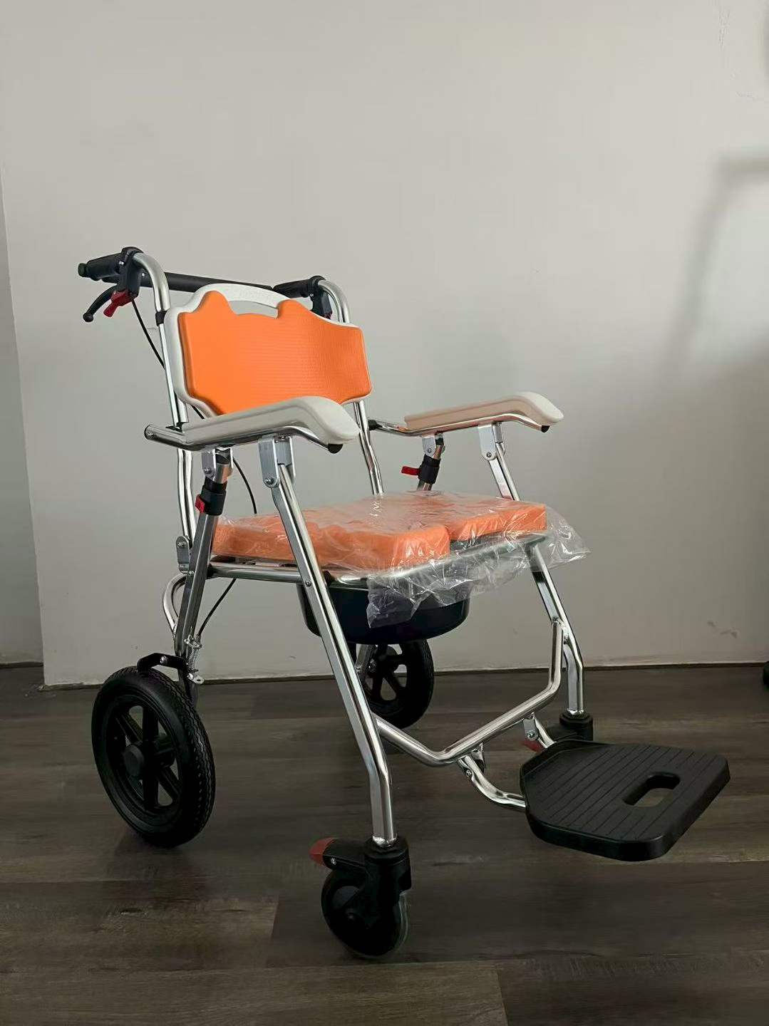 Lightweight Aluminum Rolling Commode Wheelchair with Footrest & Brake, 3 in 1 Shower Toilet Transport Chair for Seniors, Handicap & Pregnant Women