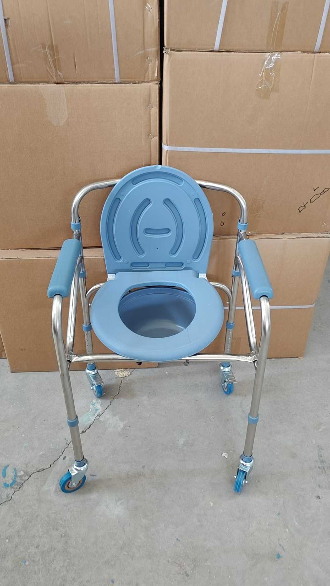 Stainless Steel Height Adjustable Wheeled Commode Chair, Mobile Bedside Toilet Chair with Armrest, Shower & Toilet Wheelchair for Elderly, Pregnant Women, Disabled Patients