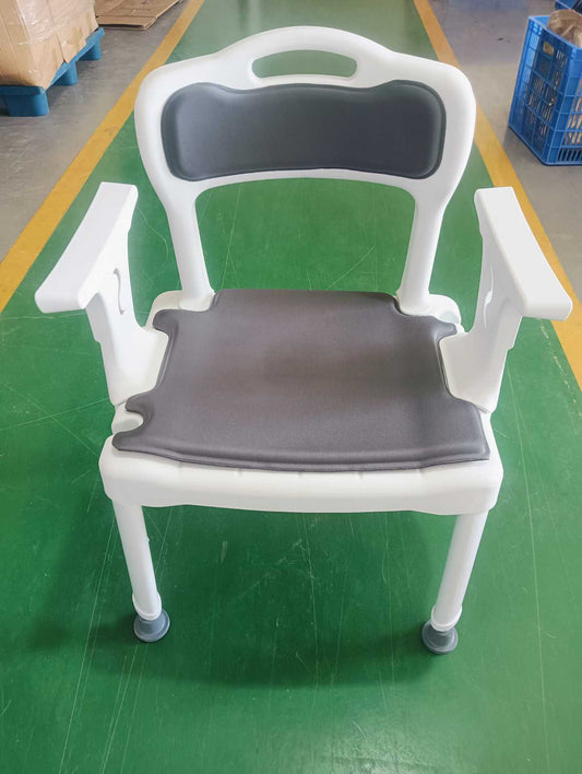 Adjustable Height 4‑in‑1 Shower Commode Chair, Soft Cushioned Elderly Toilet Bath Chair With Armrests