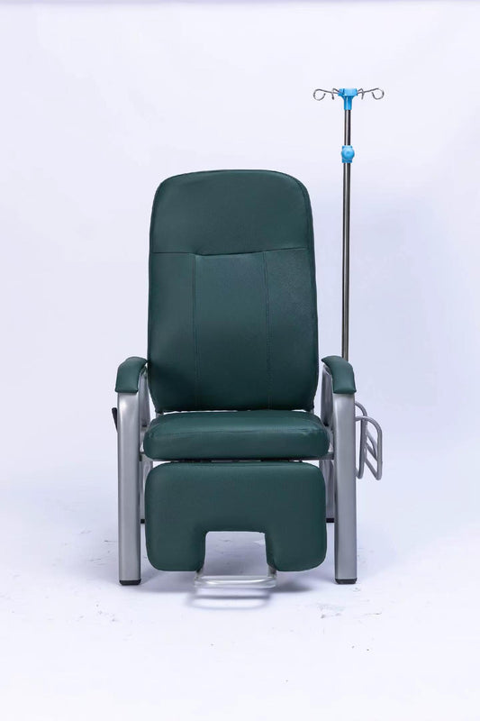 Single‑Seat Hospital Infusion Recliner Chair, PU Leather Padded Medical Transfusion Chair With Infusion Stand, Foot Pedal and Side Storage Basket