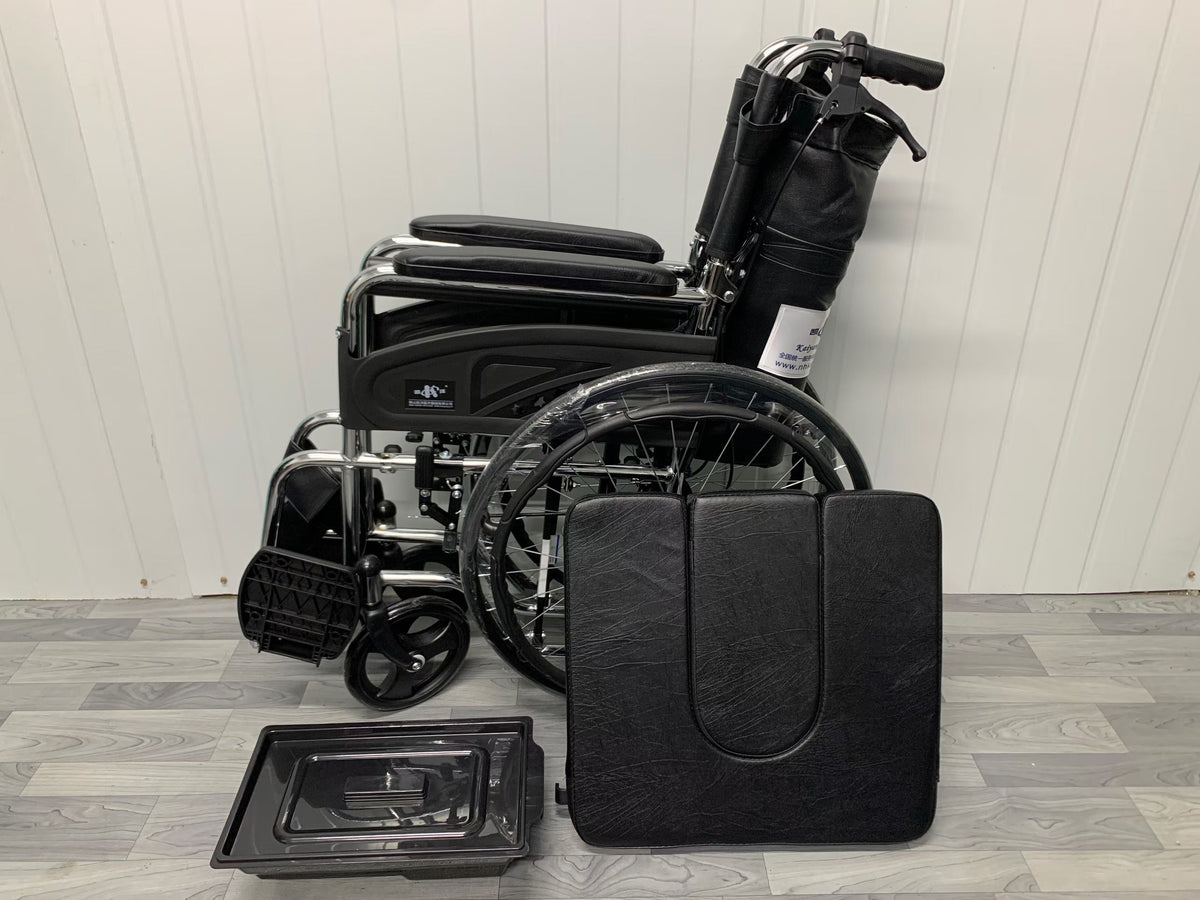 Low‑Seat Commode Wheelchair With Foldable Backrest, Electroplated Frame