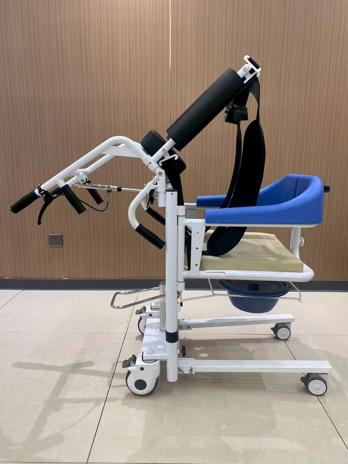 Hydraulic Patient Transfer Lift Chair with Commode, Multifunctional Mobile Shower Toilet Wheelchair for Elderly Disabled Nursing Home