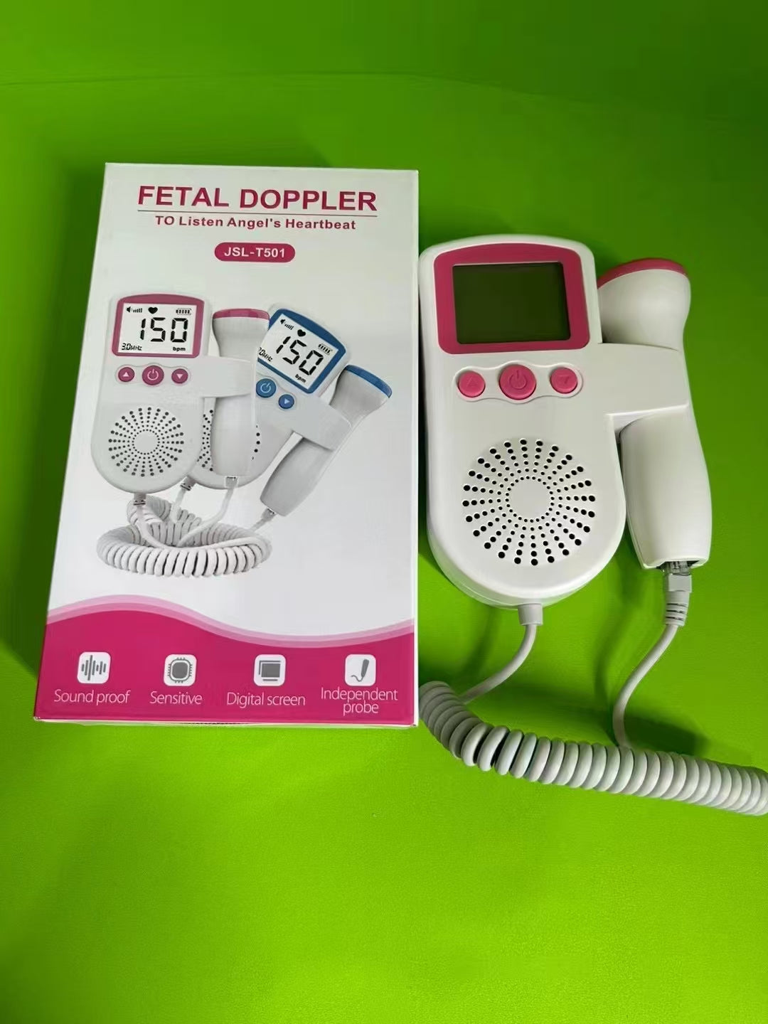 Fetal Doppler Heart Rate Monitor for Home Pregnancy Use - LCD Display with Pink Probe