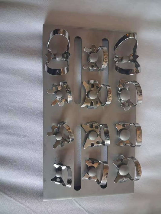 Dental Rubber Dam Clamp Set with Metal Storage Rack, Assorted Stainless Steel Rubber Dam Clamps Kit