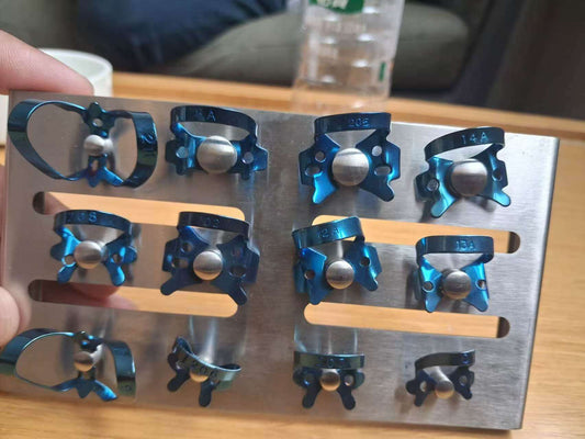 Blue Coated Dental Rubber Dam Clamp Set with Metal Storage Rack, Assorted Rubber Dam Clamps Kit