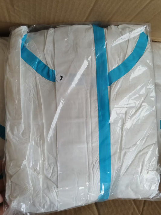 Disposable Protective Coverall with Blue Seam Tape, Hooded, Non-woven Fabric, Isolation Suit for Medical, Industrial Use