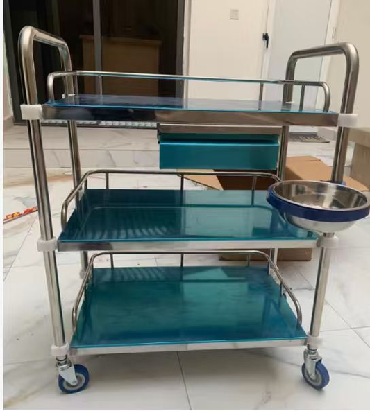 3-Tier Stainless Steel Assembly Cart with Single Or Two Drawers (800×480×860mm / 600×400×860mm)