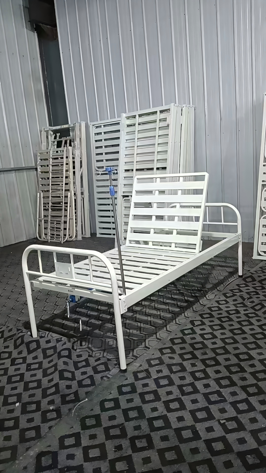 Single Crank Manual Patient Bed with Iron Headboard & IV Pole