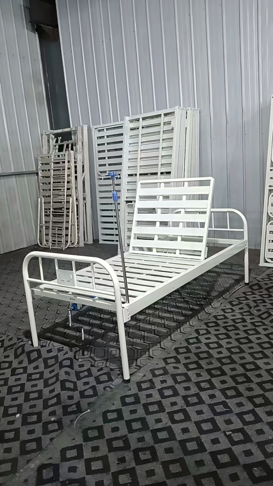Single Crank Manual Patient Bed with Iron Headboard & IV Pole